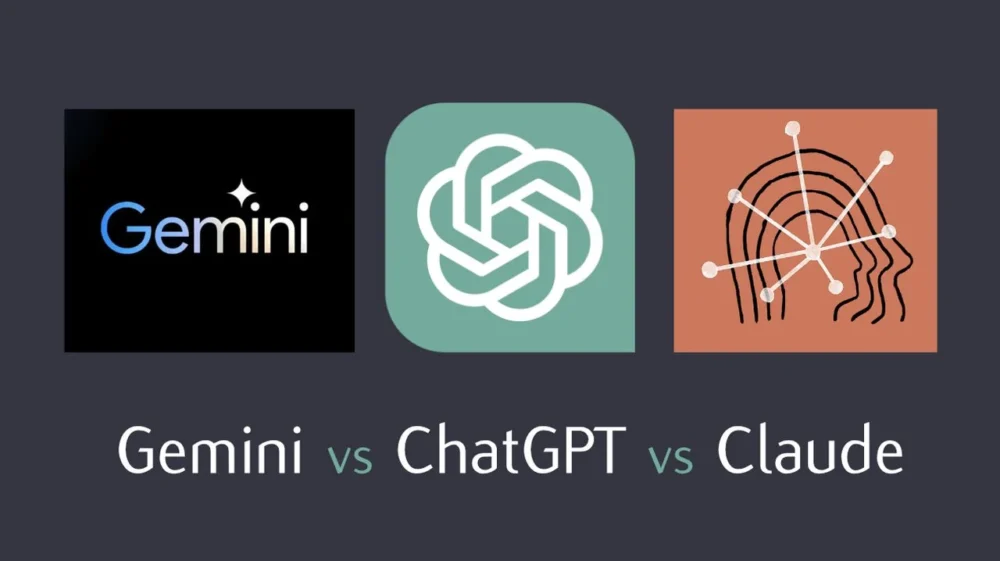 Comparação visual entre as IAs ChatGPT, Gemini e Claude com foco em produtividade